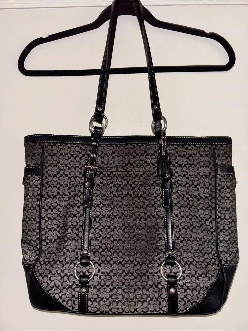 Coach Black and Gray Jacquard Tote with Leather Trim